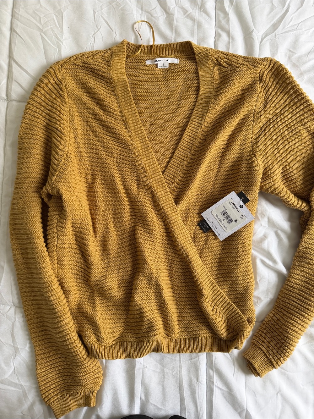 O'Neill Mustard Wrap-Front V-Neck Ribbed Sweater